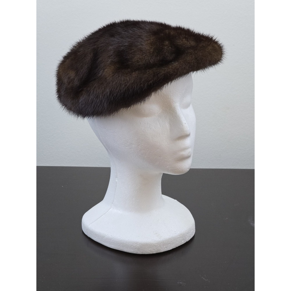 Vintage Adelaide Huhn Grosse Pointe Real Mink Fur‎ Beret Hat Brown Mink Satin